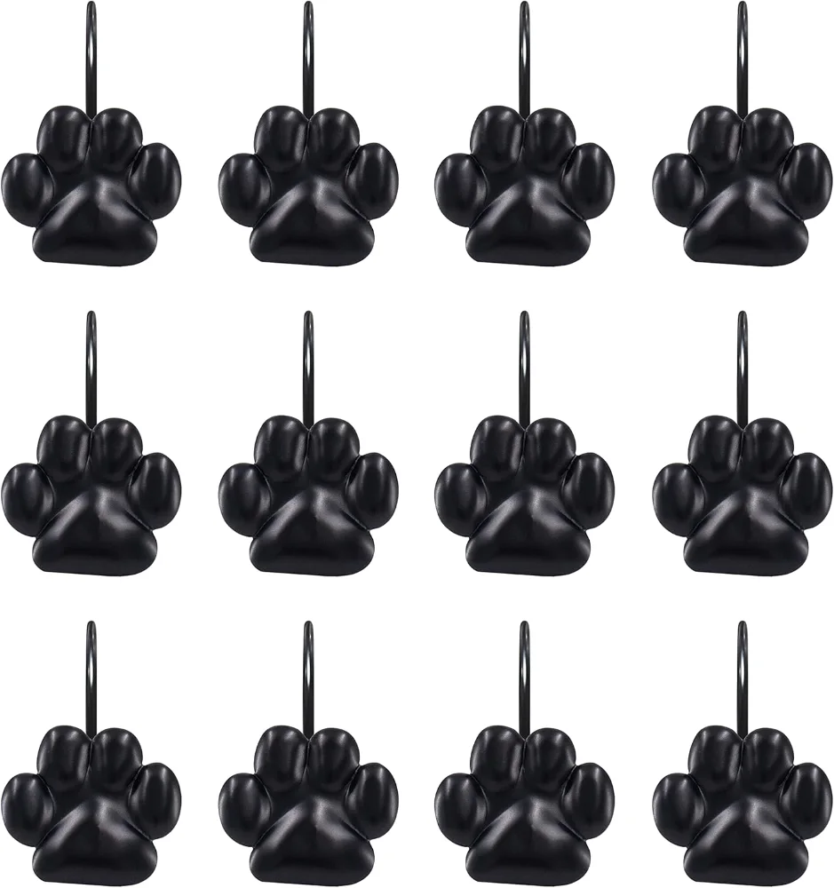 Cute Paw Print Polished Shower Curtain Hooks, Black