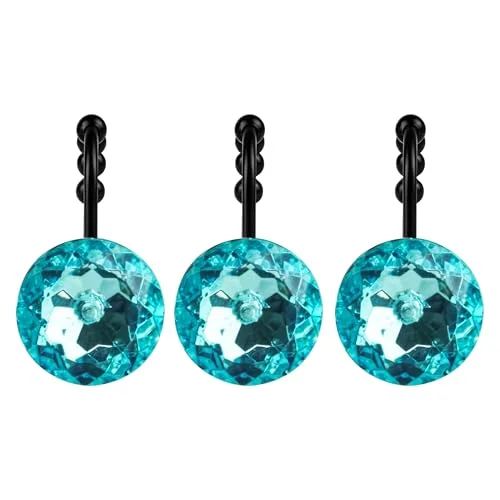 Round Teal Blue Crystal Gem Shower Curtain Hooks