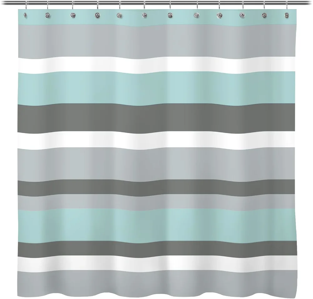Aqua Blue Gray Horizontal Stripes Water-Repellent Fabric Shower Curtain with Reinforced Metal Grommets Refreshing Striped Bathroom Decor