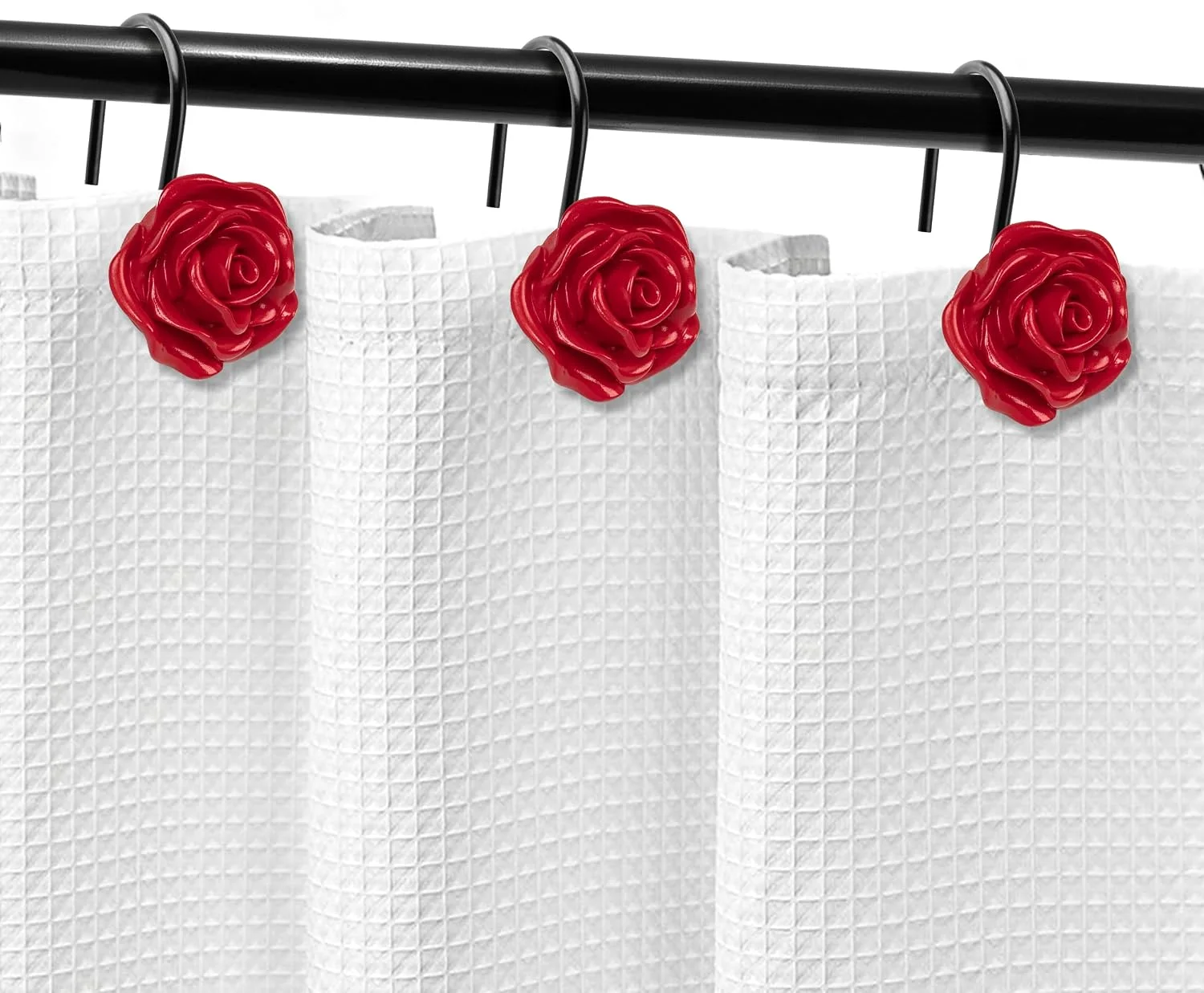 A set of Sunlit decorative shower curtain hooks on a rod