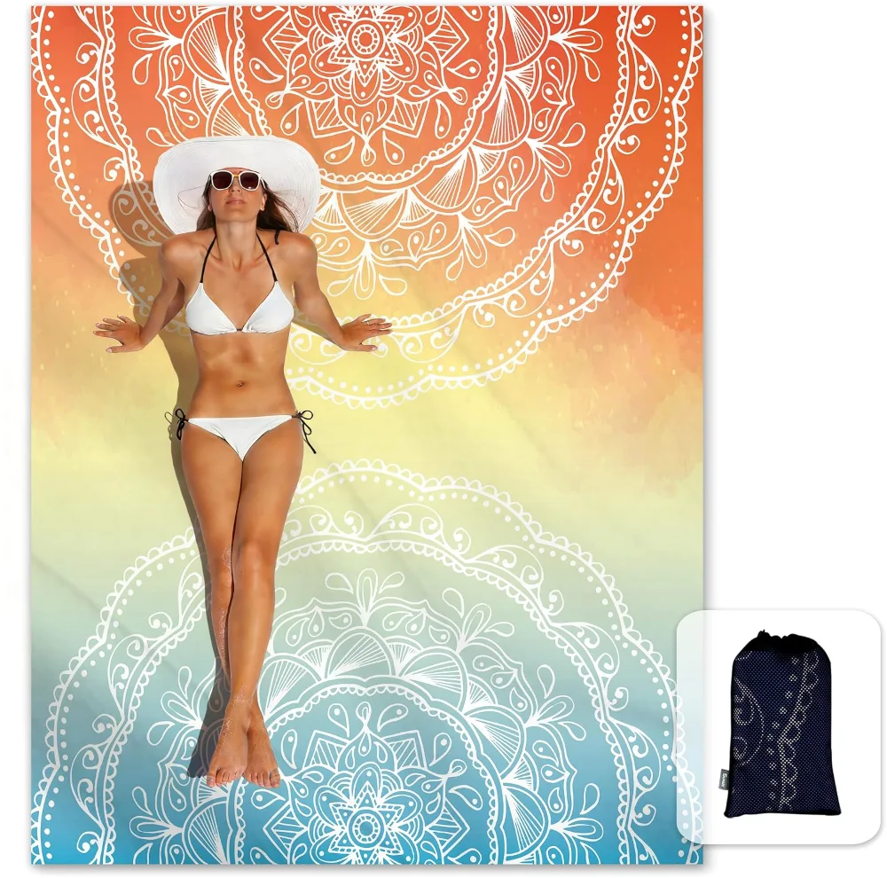 Boho Sand Proof Beach Blanket, Orange Blue, 72×85